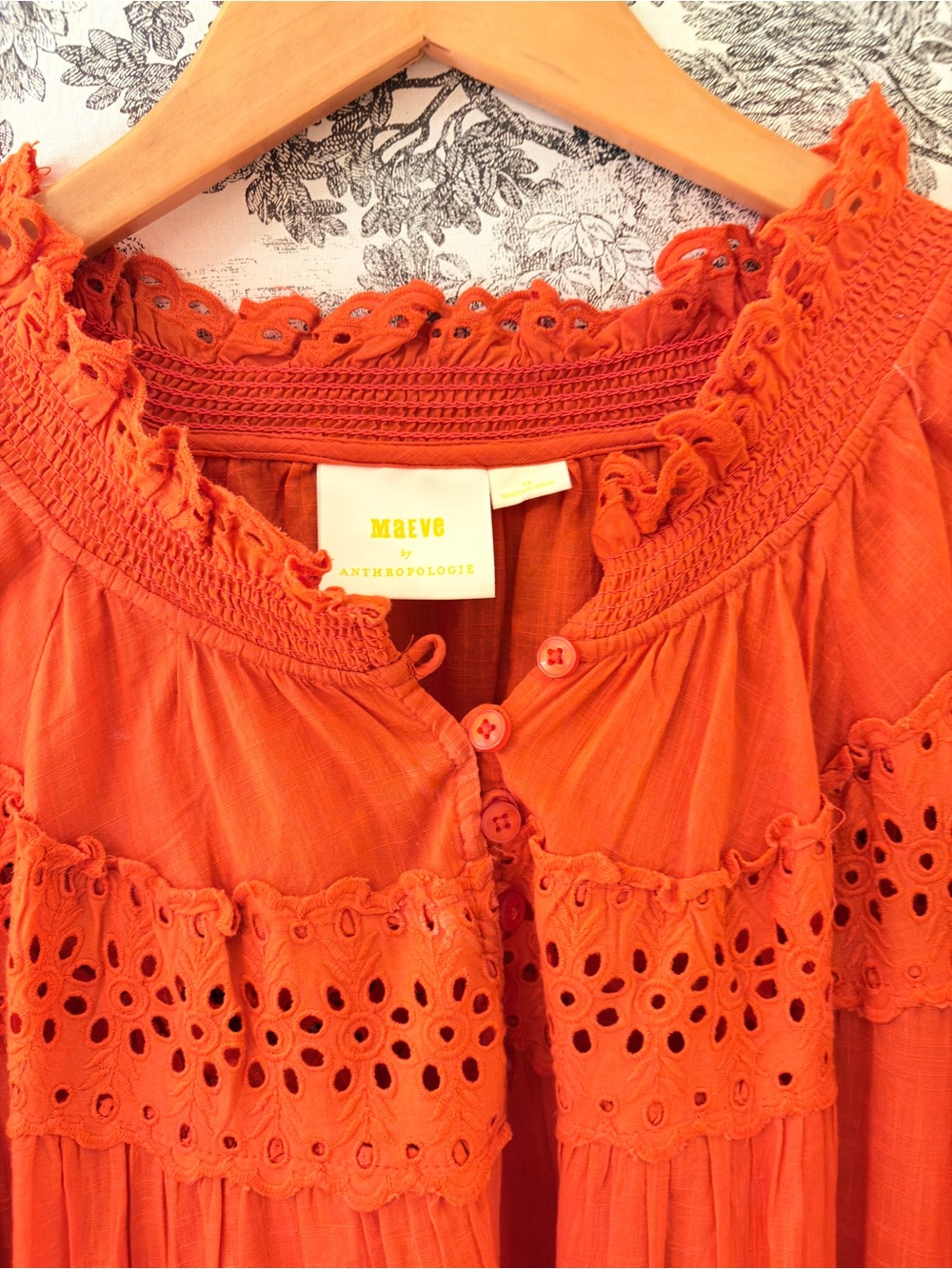 Anthropologie Maeve Long Sleeve Orange Red Mini Dress Plus Eyelet Tiered 1X EUC - Picture 5 of 9